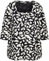 Ulla Popken Scribble Print Square Neck 3/4 Sleeve Tee Black