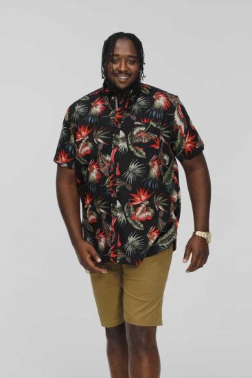 D555 LENNOX Hawaiian AO Print Shirt Black - Kauluspaidat - Miesten isot kauluspaidat 2XL – 8XL