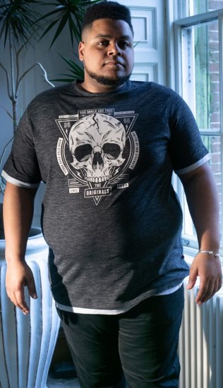D555 DARREN Skull Printed T-Shirt With Double Layer On Hem & Cuff Black Reno - T-paidat - Isot T-paidat 2XL – 14XL