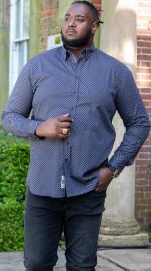 D555 KEATON Micro AOP Long Sleeve Shirt With Concealed Button Down Collar Grey - Kauluspaidat - Miesten isot kauluspaidat 2XL – 8XL
