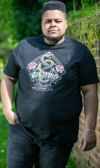 D555 MALCOM Snake And Roses Printed Crew Neck T-Shirt Black - T-paidat - Isot T-paidat 2XL – 14XL