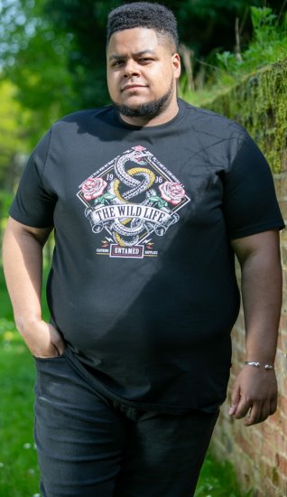 D555 MALCOM Snake And Roses Printed Crew Neck T-Shirt Black - T-paidat - Isot T-paidat 2XL – 14XL