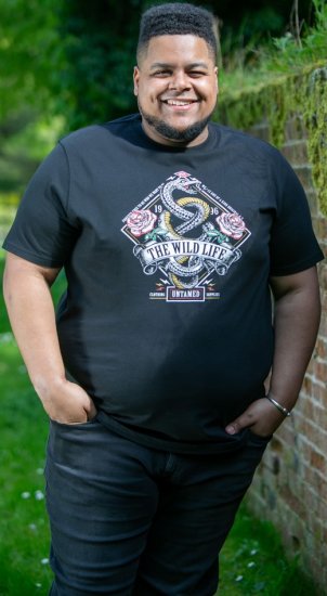 D555 MALCOM Snake And Roses Printed Crew Neck T-Shirt Black - T-paidat - Isot T-paidat 2XL – 14XL