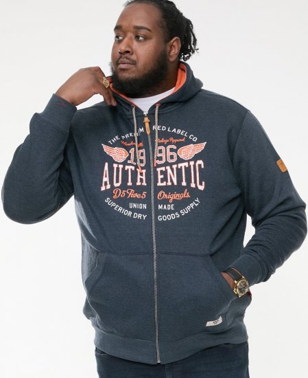 D555 HAMILTON Full Zip Hoody With Authentic 1996 Chest Print Denim - Hupparit ja collegepaidat - Miesten hupparit ja collegepaidat isot koot