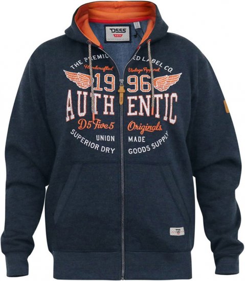 D555 HAMILTON Full Zip Hoody With Authentic 1996 Chest Print Denim - Hupparit ja collegepaidat - Miesten hupparit ja collegepaidat isot koot