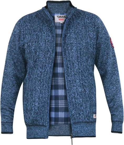 D555 ECCLES Cable Knitted Zip Through Sweater With Bonded Check Lining Denim Marl - Hupparit ja collegepaidat - Miesten hupparit ja collegepaidat isot koot