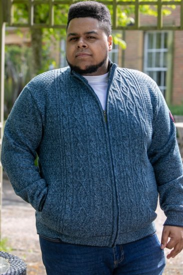 D555 ECCLES Cable Knitted Zip Through Sweater With Bonded Check Lining Denim Marl - Hupparit ja collegepaidat - Miesten hupparit ja collegepaidat isot koot