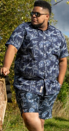 D555 Truro Hawaiian AOP Short Sleeve Button Down Collar Shirt Navy - Kauluspaidat - Miesten isot kauluspaidat 2XL – 8XL