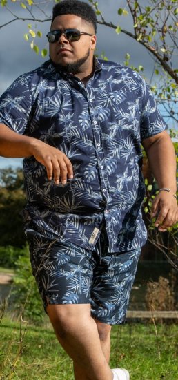 D555 Truro Hawaiian AOP Short Sleeve Button Down Collar Shirt Navy - Kauluspaidat - Miesten isot kauluspaidat 2XL – 8XL