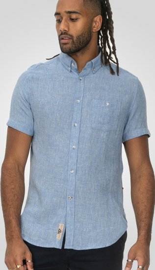 D555 Falmouth 1 Linen Mix Short Sleeve Shirt With Button Down Blue - Kauluspaidat - Miesten isot kauluspaidat 2XL – 8XL