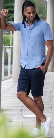D555 Falmouth 1 Linen Mix Short Sleeve Shirt With Button Down Blue - Kauluspaidat - Miesten isot kauluspaidat 2XL – 8XL