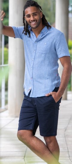 D555 Falmouth 1 Linen Mix Short Sleeve Shirt With Button Down Blue - Kauluspaidat - Miesten isot kauluspaidat 2XL – 8XL