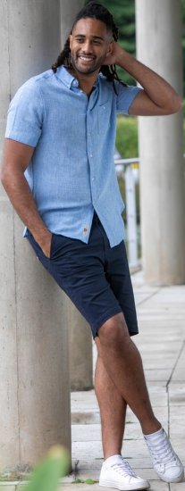 D555 Falmouth 1 Linen Mix Short Sleeve Shirt With Button Down Blue - Kauluspaidat - Miesten isot kauluspaidat 2XL – 8XL