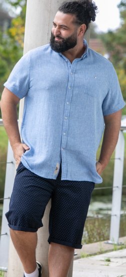 D555 Falmouth 1 Linen Mix Short Sleeve Shirt With Button Down Blue - Kauluspaidat - Miesten isot kauluspaidat 2XL – 8XL