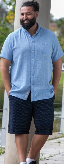 D555 Falmouth 1 Linen Mix Short Sleeve Shirt With Button Down Blue - Kauluspaidat - Miesten isot kauluspaidat 2XL – 8XL