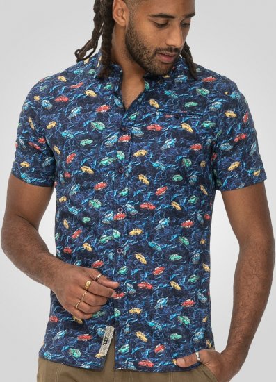 D555 Hartlepool Short Sleeve Vintage Car AOP Stretch Shirt Blue - Kauluspaidat - Miesten isot kauluspaidat 2XL – 8XL
