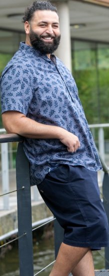 D555 Kettering Hawaiian Leaf AOP Short Sleeve Button Down Collar Shirt Denim - Kauluspaidat - Miesten isot kauluspaidat 2XL – 8XL