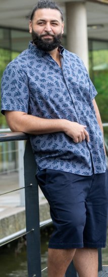 D555 Kettering Hawaiian Leaf AOP Short Sleeve Button Down Collar Shirt Denim - Kauluspaidat - Miesten isot kauluspaidat 2XL – 8XL