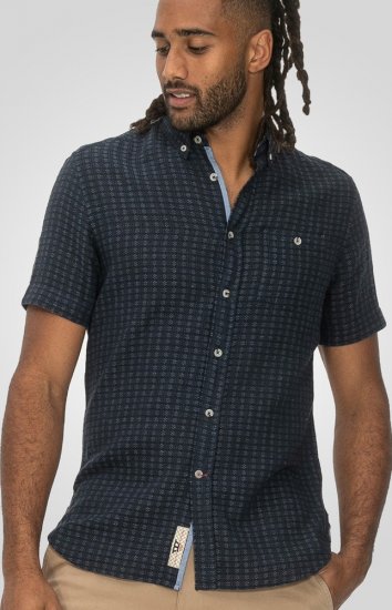 D555 Pontefract Jacquard Linen Mix Short Sleeve Shirt With Button Down Navy - Kauluspaidat - Miesten isot kauluspaidat 2XL – 8XL
