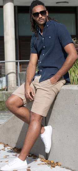 D555 Pontefract Jacquard Linen Mix Short Sleeve Shirt With Button Down Navy - Kauluspaidat - Miesten isot kauluspaidat 2XL – 8XL