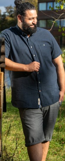D555 Pontefract Jacquard Linen Mix Short Sleeve Shirt With Button Down Navy - Kauluspaidat - Miesten isot kauluspaidat 2XL – 8XL