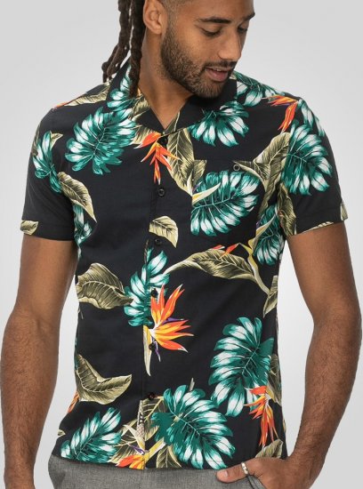 D555 Selby Hawaiian AOP Short Sleeve Revere Collar Shirt Black - Kauluspaidat - Miesten isot kauluspaidat 2XL – 8XL