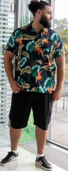 D555 Selby Hawaiian AOP Short Sleeve Revere Collar Shirt Black - Kauluspaidat - Miesten isot kauluspaidat 2XL – 8XL