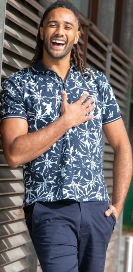 D555 Halifax AOP Hawaiian Print Short Sleeve Polo Blue - T-paidat - Isot T-paidat 2XL – 14XL