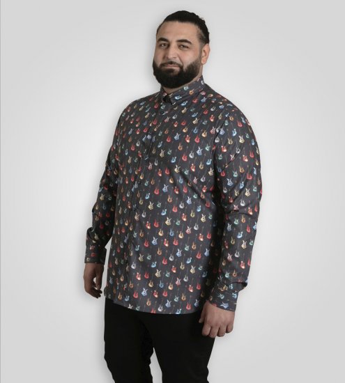 D555 Wakefield Long Sleeve AOP Guitar Printed Shirt Grey - Kauluspaidat - Miesten isot kauluspaidat 2XL – 8XL