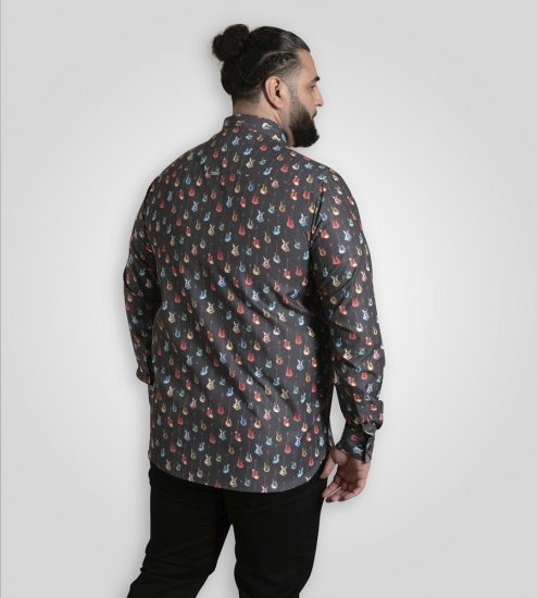 D555 Wakefield Long Sleeve AOP Guitar Printed Shirt Grey - Kauluspaidat - Miesten isot kauluspaidat 2XL – 8XL