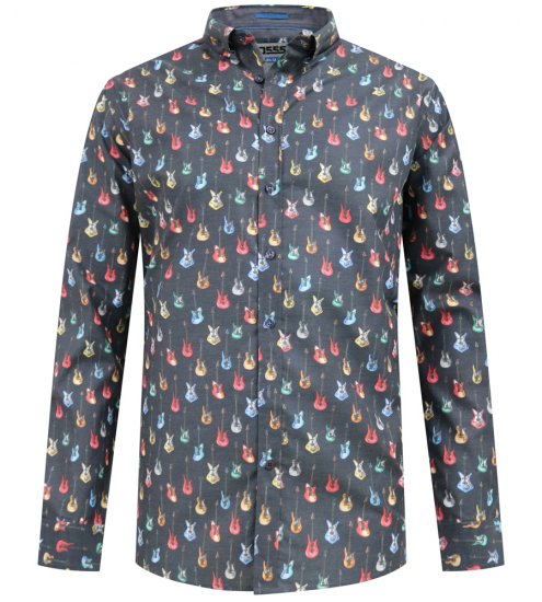 D555 Wakefield Long Sleeve AOP Guitar Printed Shirt Grey - Kauluspaidat - Miesten isot kauluspaidat 2XL – 8XL