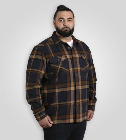 D555 Aldershot Long Sleeve Heavy Shacket Overshirt Tan/Navy Check - Kauluspaidat - Miesten isot kauluspaidat 2XL – 8XL