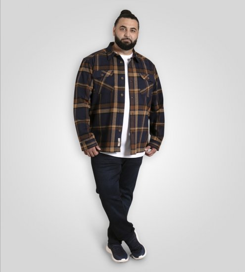 D555 Aldershot Long Sleeve Heavy Shacket Overshirt Tan/Navy Check - Kauluspaidat - Miesten isot kauluspaidat 2XL – 8XL