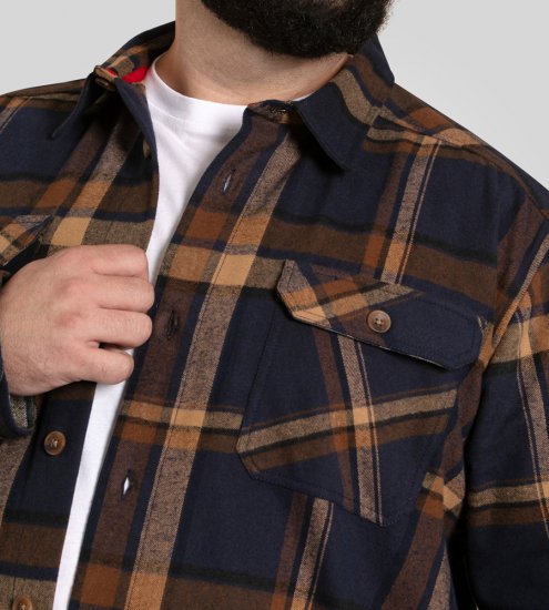 D555 Aldershot Long Sleeve Heavy Shacket Overshirt Tan/Navy Check - Kauluspaidat - Miesten isot kauluspaidat 2XL – 8XL