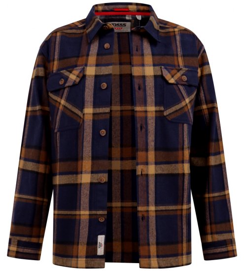 D555 Aldershot Long Sleeve Heavy Shacket Overshirt Tan/Navy Check - Kauluspaidat - Miesten isot kauluspaidat 2XL – 8XL