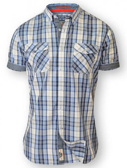 D555 FIDEL Twin Pocket Short Sleeve Blue & Ecru Check Shirt - Kauluspaidat - Miesten isot kauluspaidat 2XL – 8XL