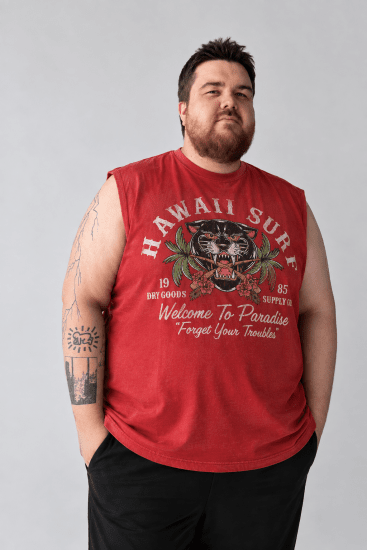 Kam Jeans 5763 Hawaii Surf Vest Sleeveless T-Shirt Washed Red - T-paidat - Isot T-paidat 2XL – 14XL