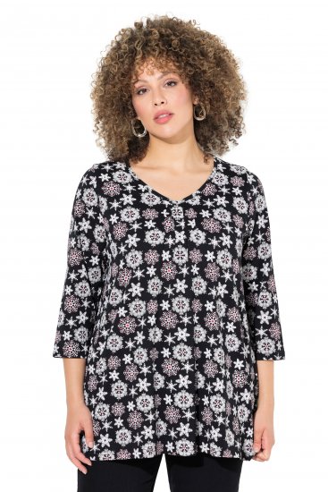 Ulla Popken Snowflake Print 3/4 Sleeve A-Line Tee Black - Painetut T-paidat naisille - 