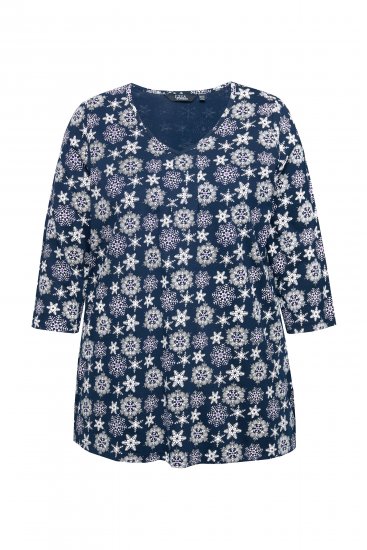 Ulla Popken Snowflake Print 3/4 Sleeve A-Line Tee Navy - Painetut T-paidat naisille - 