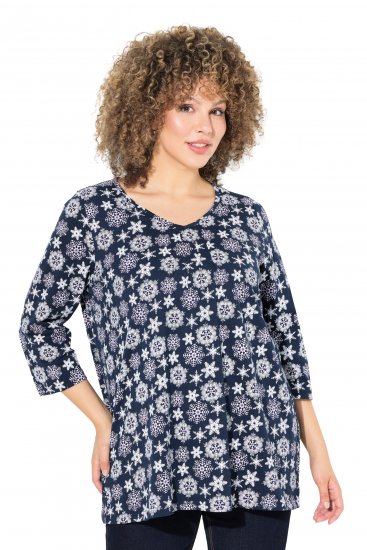 Ulla Popken Snowflake Print 3/4 Sleeve A-Line Tee Navy - Painetut T-paidat naisille - 