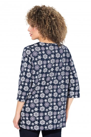 Ulla Popken Snowflake Print 3/4 Sleeve A-Line Tee Navy - Painetut T-paidat naisille - 