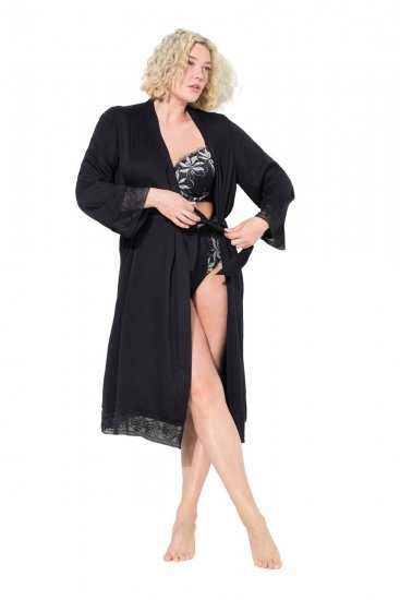 Ulla Popken 834837 Kimono-aamutakki pitsillä Musta - Aamutakit & kylpytakit - 