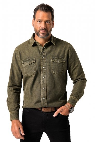 JP1880 Denim Shirt Long Sleeve Olive Green - Kauluspaidat - Miesten isot kauluspaidat 2XL – 8XL