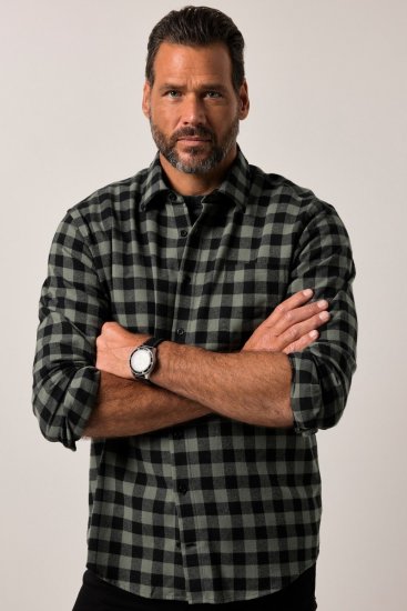 JP1880 Checked Flannel Shirt Long Sleeve Eucalyptus Green - Kauluspaidat - Miesten isot kauluspaidat 2XL – 8XL