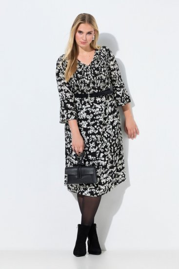 Ulla Popken 845825 Kukkakuvioinen midimekko 3/4-hihoilla Musta - Midimekot - Midimekot isoissa ko'oissa