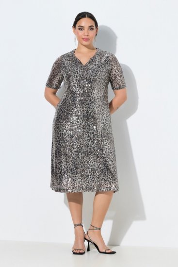 Ulla Popken 848137 Eläinkuvioinen paljettimekko Beige - Iltapuvut - Juhlamekot plus-koossa