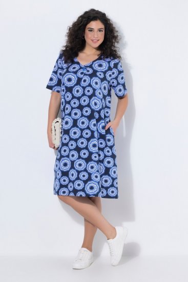 Ulla Popken 850121 Lyhythihainen jerseymekko V-aukolla Sininen - Trikoomekot - 