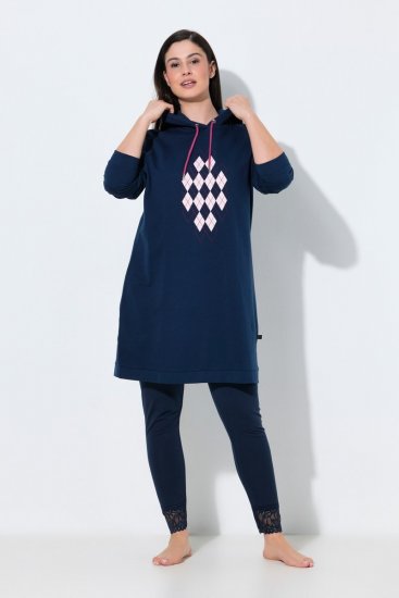 Ulla Popken 851749 Ruudullinen oleskelumekko hupulla Tummansininen - Pyjama/Loungewear - 