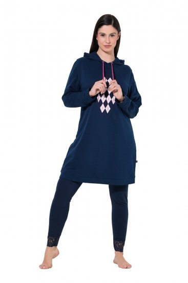 Ulla Popken 851749 Ruudullinen oleskelumekko hupulla Tummansininen - Pyjama/Loungewear - 