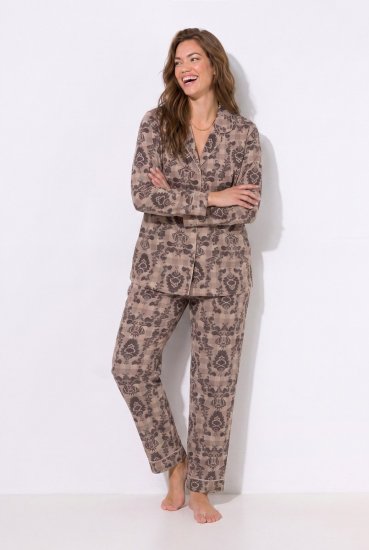 Ulla Popken 852649 Kuviollinen pyjama paitakauluksella Ruskea - Pyjama/Loungewear - 
